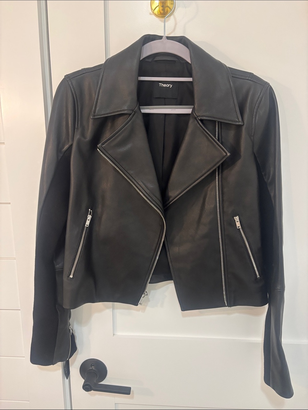 Theory Black Leather Biker Jacket with Silver Zips